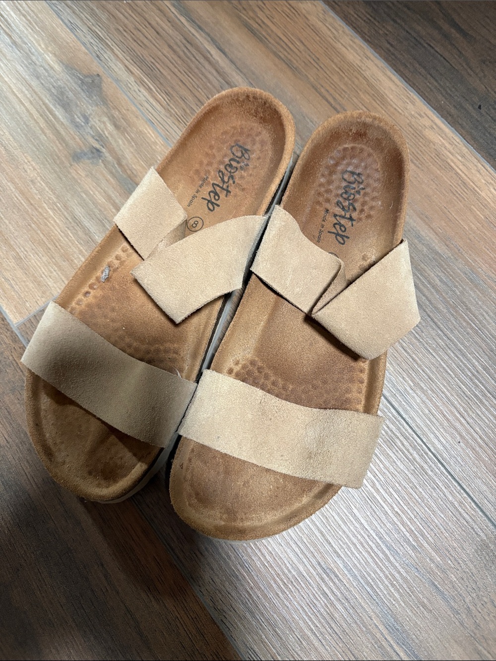 Blowstep Tan Suede Double-Strap Slide Sandals
